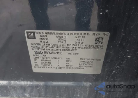 2018 Chevrolet Equinox Lt из США, поврежденный, VIN 3GNAXSEVXJS579113